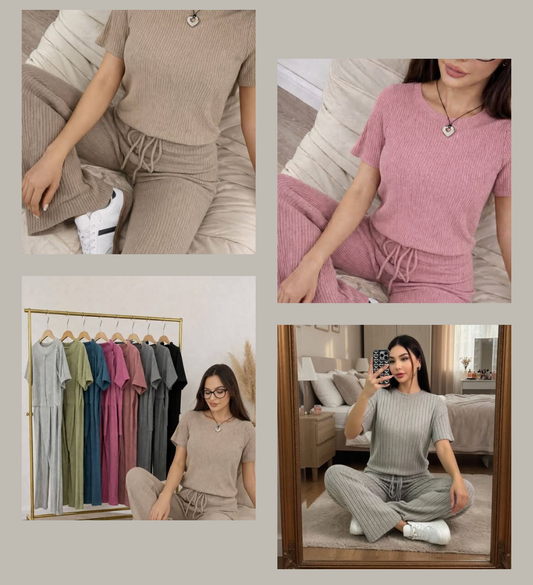Dama-Conjunto 2 Pieza- Pantalon+Blusa Acanalada/ Colores Surtidos (Unitalla) 6 pz