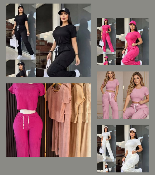dama-conjunto casual blusa+pantalon tipo cargo/ colores surtidos (unitalla)