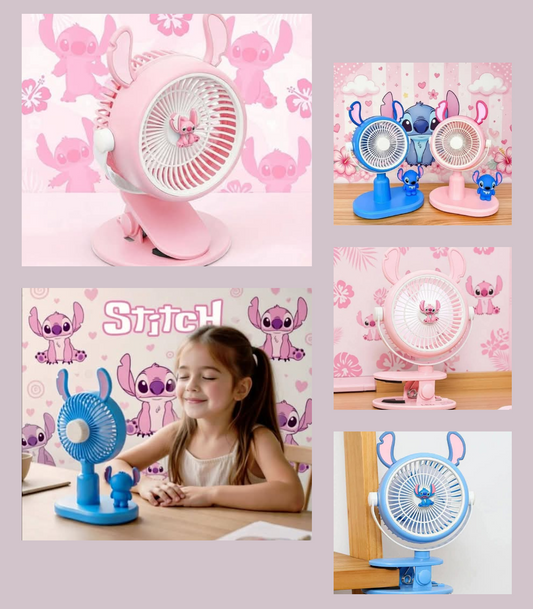 2 Modelos-Pinza/Soporte Ventilador Stitch-Recargable- Azul/Rosa -2 Modelos (18x13x10cm) 6 pz